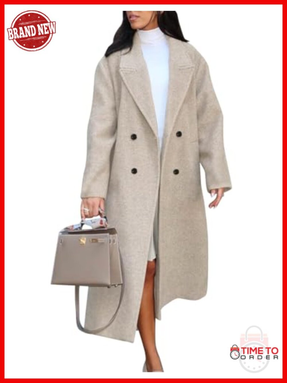 Women's Long Winter Pea Coat Double Breasted Notch Lapel